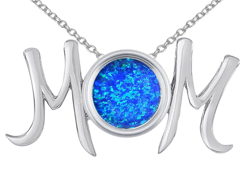 Star K™ Round Blue Created Opal MOM Mother's Pendant Necklace