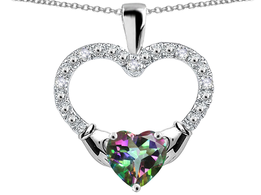 Star K™ Hands Holding Heart Rainbow Mystic Topaz Claddagh Pendant Necklace