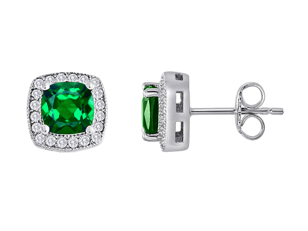 Star K™ Cushion-Cut Simulated Emerald Halo Earring Studs