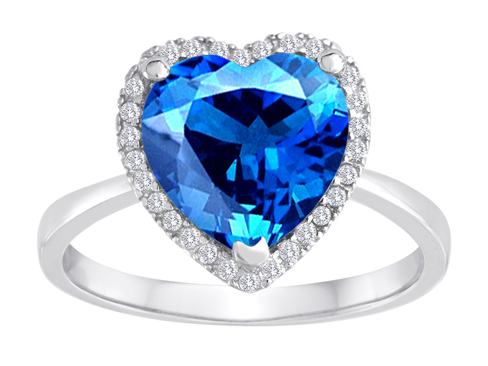 Star K Heart Shape Simulated Blue Topaz Halo Ring