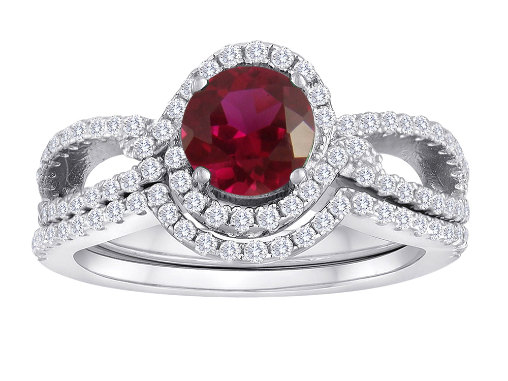 Star K Round Created Ruby Halo Wedding Set