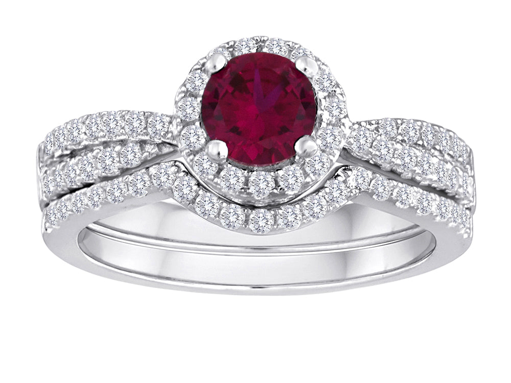 Star K Round Created Ruby Halo Wedding Set