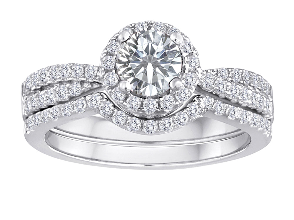 Star K Round White Topaz Halo Wedding Set