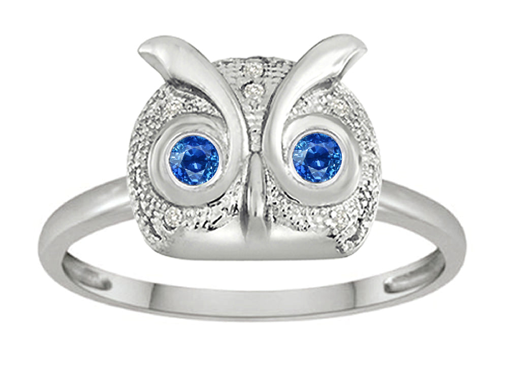 Star K Round Created Sapphire Good Luck Owl Ring