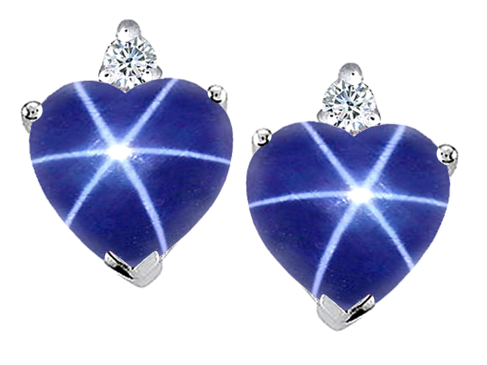 Tommaso Design™ Heart Shape Created Star Sapphire and Diamonds Earrings Studs