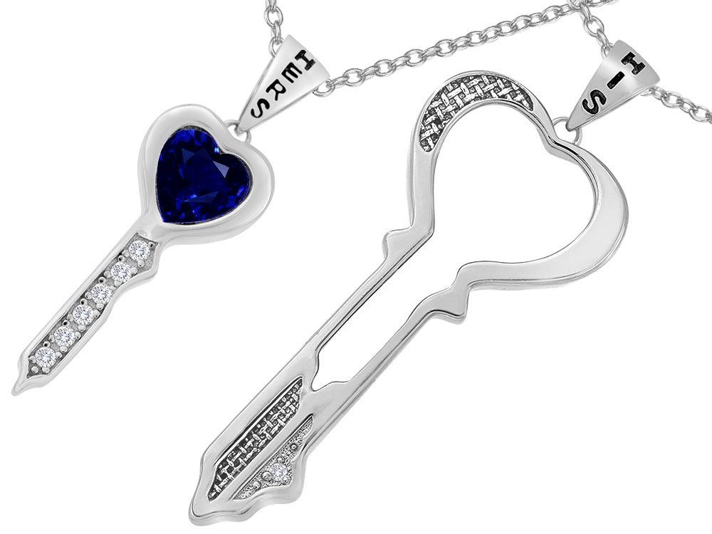 Star K™ His and Hers Key to my Heart Couple 2pcs Pendant Necklace Set with Simulated Sapphire