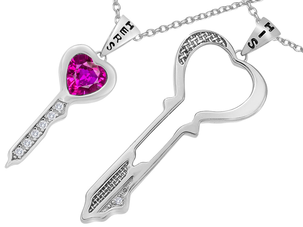 Star K™ His and Hers Key to my Heart Couple 2pcs Pendant Necklace Set with Created Pink Sapphire