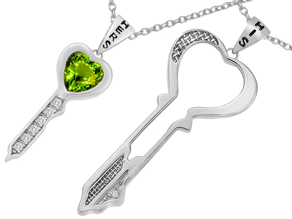 Star K™ His and Hers Key to my Heart Couple 2pcs Pendant Necklace Set with Simulated Peridot and Cubic Zirconia