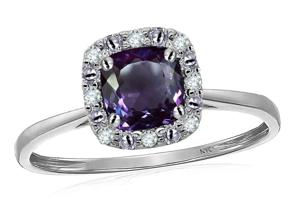 Star K 14 kt White Gold Classic Cushion-Cut Simulated Alexandrite Designer Halo Ring
