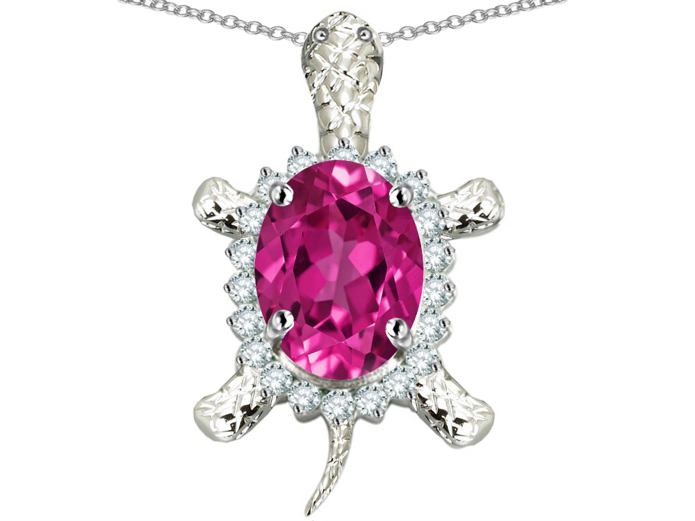 Star K™ Good Luck Turtle Pendant Necklace With Oval 12x10mm Created Pink Sapphire