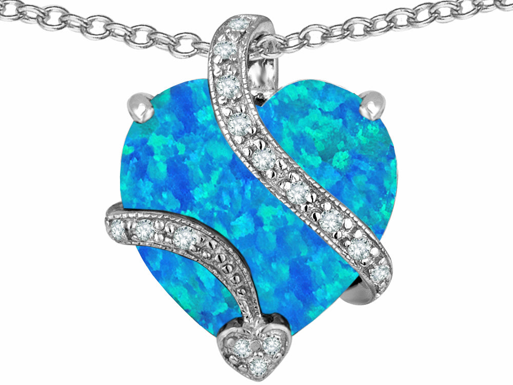 Star K™ Large 15mm Heart Shape Blue Created Opal and Cubic Zirconia Love Pendant Necklace