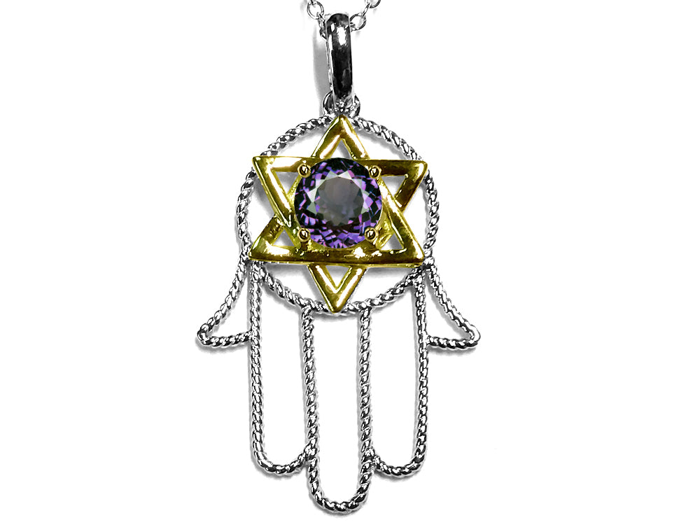 Star K™ Large Hamsa Hand Jewish Star of David Pendant Necklace with Simulated Alexandrite