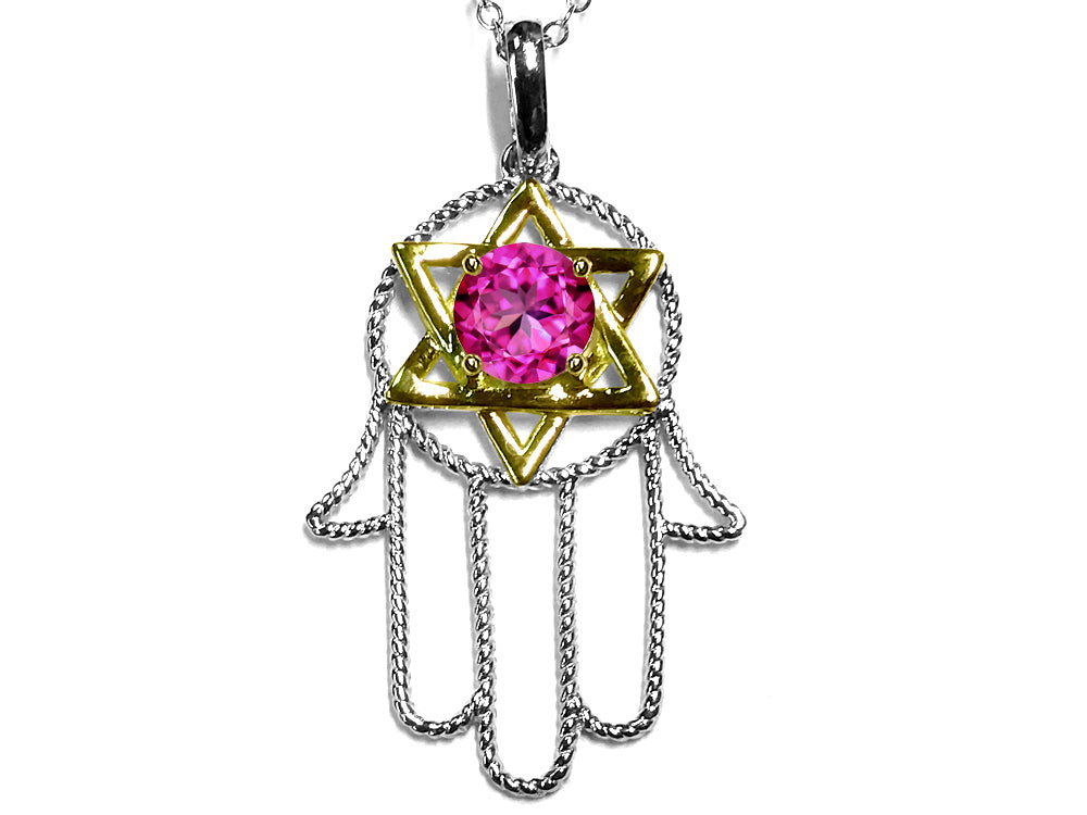 Star K™ Large Hamsa Hand Jewish Star of David Pendant Necklace with Created Pink Sapphire