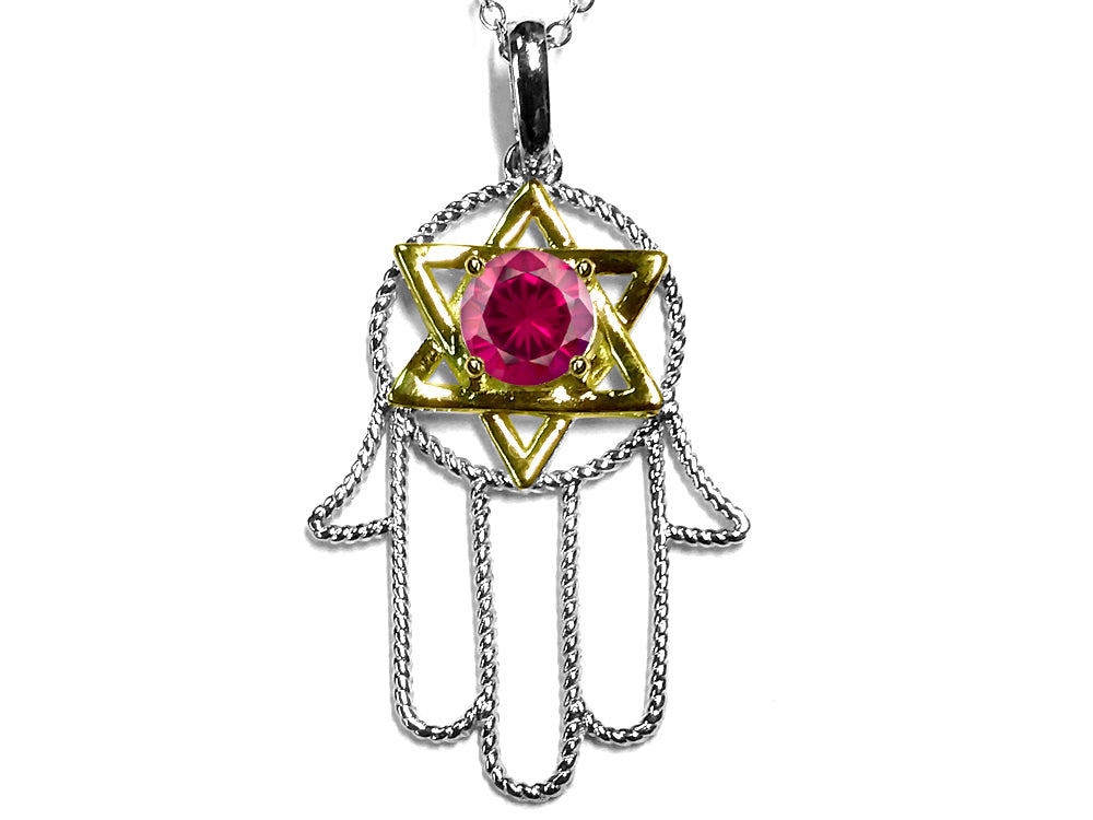 Star K™ Large Hamsa Hand Jewish Star of David Pendant Necklace with Created Ruby