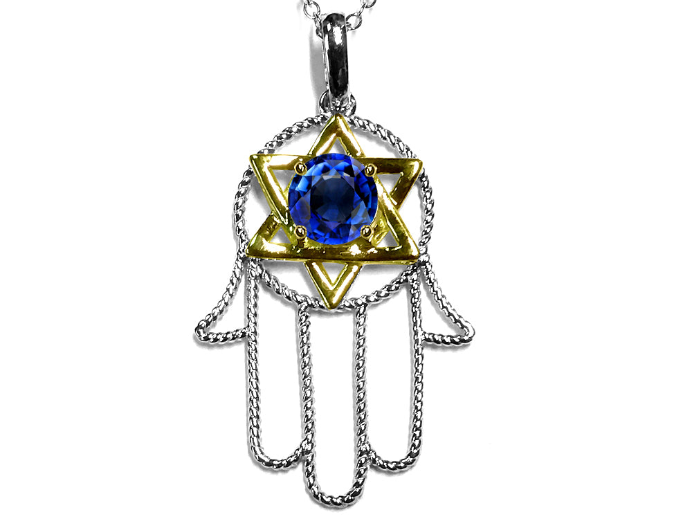 Star K™ Large Hamsa Hand Jewish Star of David Pendant Necklace with Created Sapphire