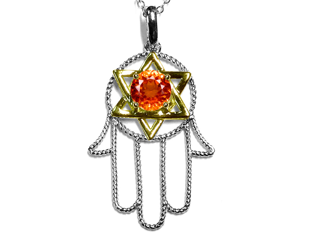 Star K™ Hamsa Hand Star of David Pendant Necklace with Simulated Mexican Fire Opal