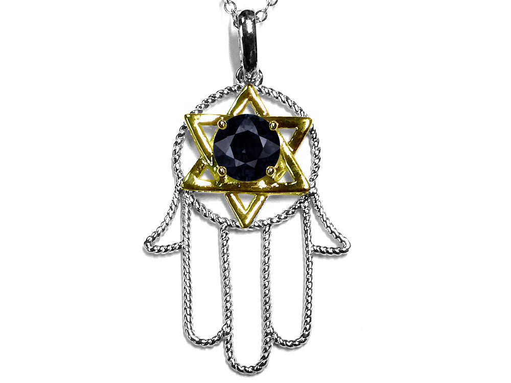 Star K™ Large Hamsa Hand Jewish Star of David Pendant Necklace with Genuine Black Sapphire