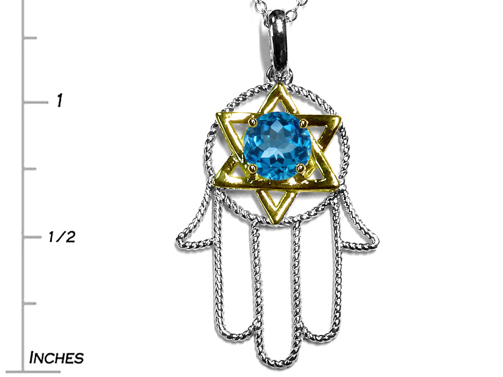 Star K™ Large Hamsa Hand Jewish Star of David Pendant Necklace with Genuine Blue Topaz