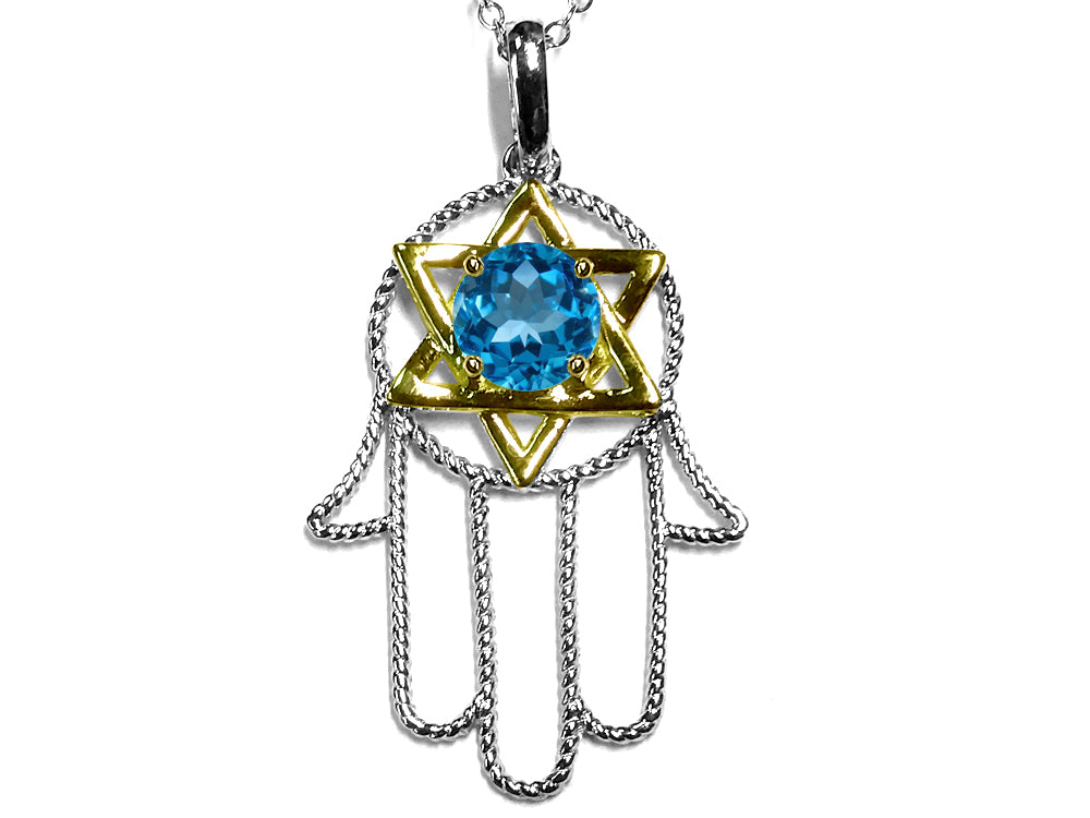 Star K™ Large Hamsa Hand Jewish Star of David Pendant Necklace with Genuine Blue Topaz