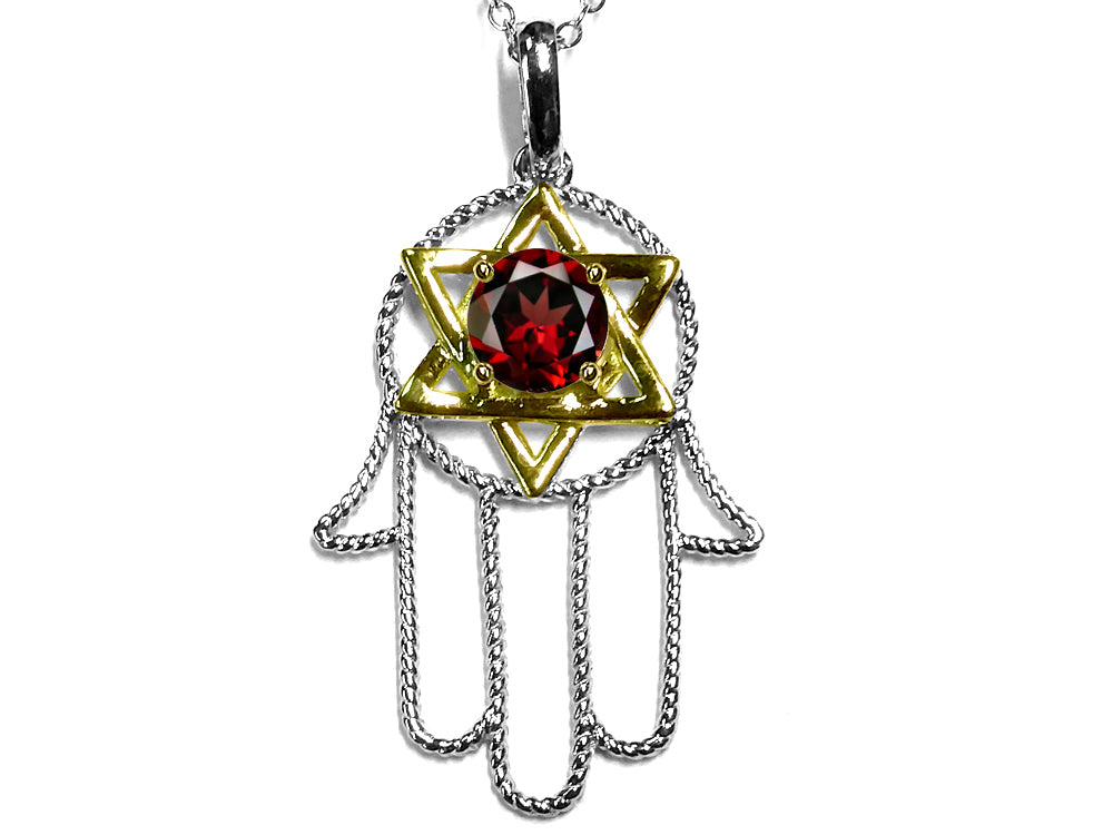 Star K™ Large Hamsa Hand Jewish Star of David Pendant Necklace with Genuine Garnet