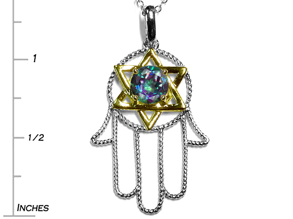 Star K™ Large Hamsa Hand Jewish Star of David Pendant Necklace with Rainbow Mystic Topaz