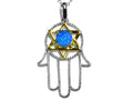 Star K™ Large Hamsa Hand Jewish Star of David Pendant Necklace with Blue Simulated Opal