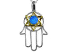 Star K™ Large Hamsa Hand Jewish Star of David Pendant Necklace with Blue Simulated Opal