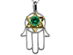 Star K™ Large Hamsa Hand Jewish Star of David Pendant Necklace with Simulated Emerald