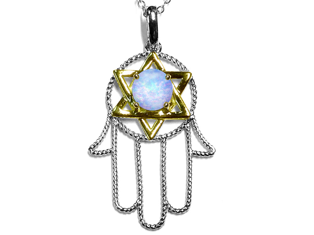 Star K™ Large Hamsa Hand Jewish Star of David Pendant Necklace with Simulated Opal