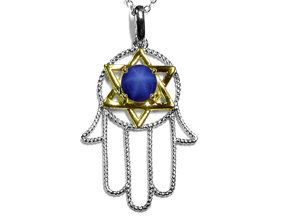 Star K™ Large Hamsa Hand Jewish Star of David Pendant Necklace with Simulated Star Sapphire