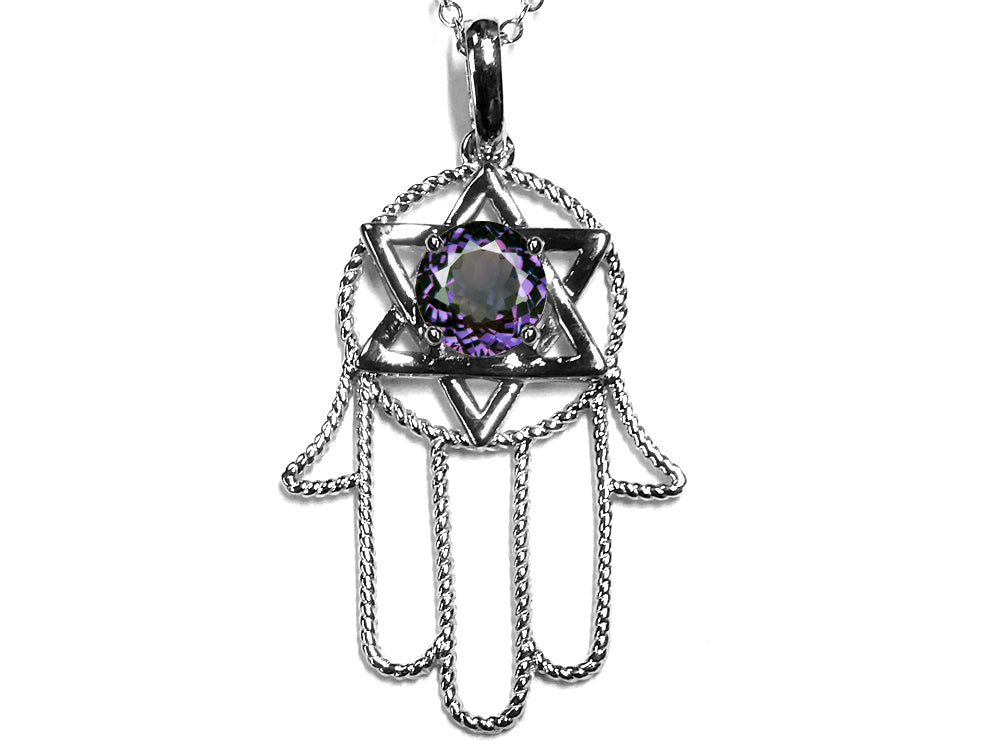 Star K™ Large Hamsa Hand Jewish Star of David Pendant Necklace with Simulated Alexandrite