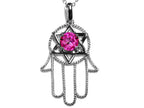 Star K™ Large Hamsa Hand Jewish Star of David Pendant Necklace with Created Pink Sapphire