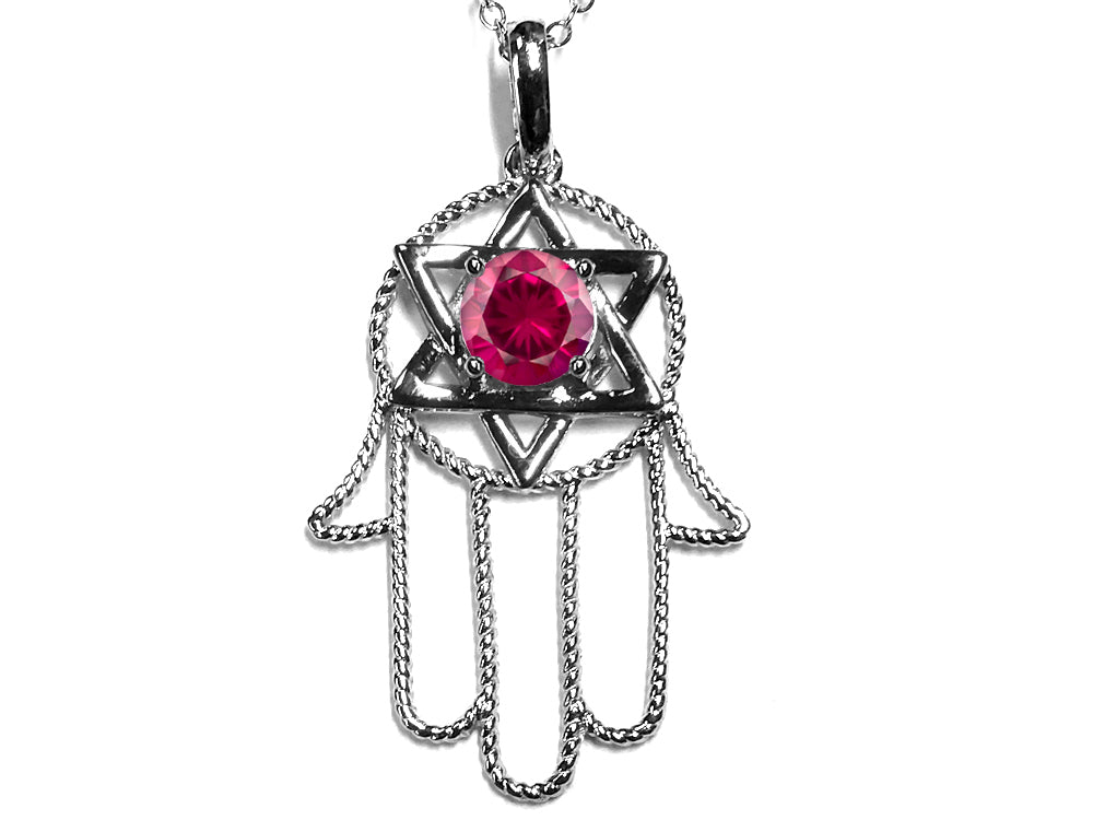 Star K™ Large Hamsa Hand Jewish Star of David Pendant Necklace with Created Ruby