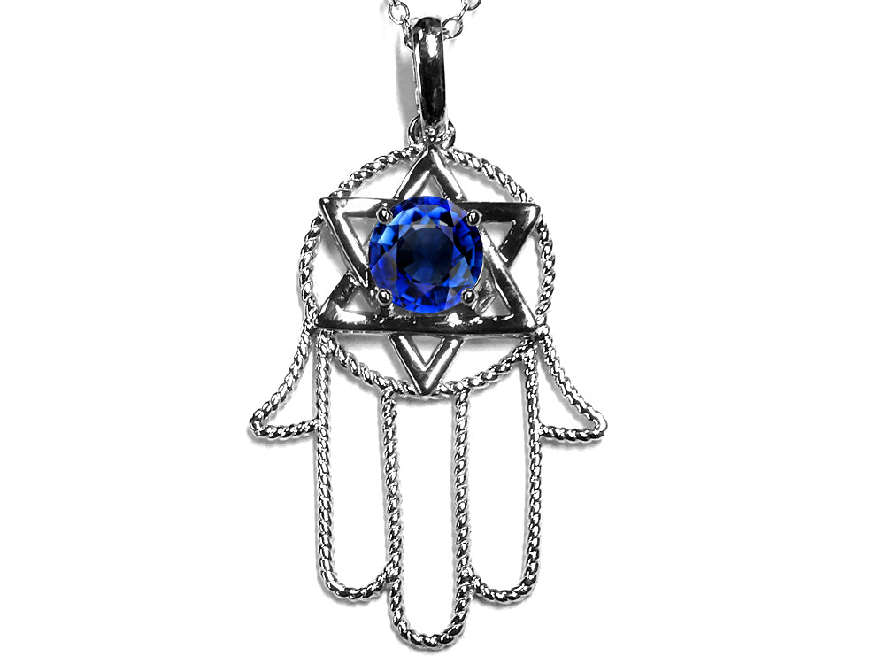 Star K™ Large Hamsa Hand Jewish Star of David Pendant Necklace with Created Sapphire