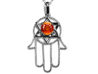 Star K™ Large Hamsa Hand Jewish Star of David Pendant Necklace with Simulated Mexican Fire Opal
