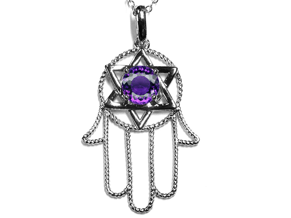 Star K™ Large Hamsa Hand Jewish Star of David Pendant Necklace with Genuine Amethyst