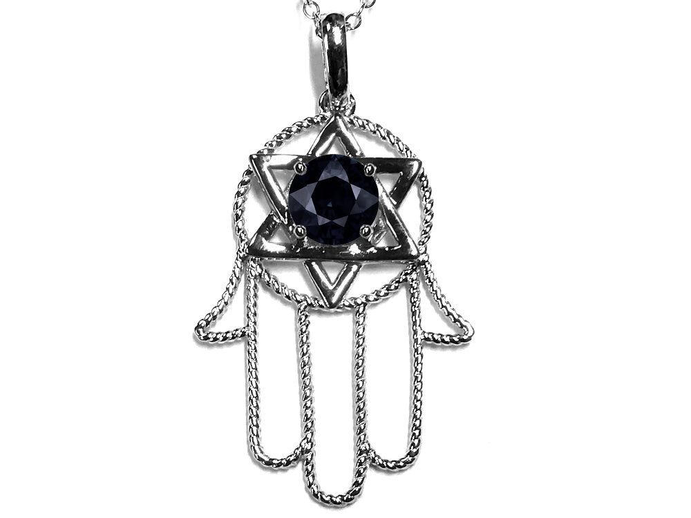 Star K™ Large Hamsa Hand Jewish Star of David Pendant Necklace Genuine Black Sapphire