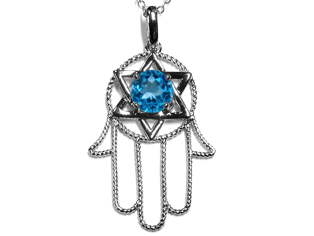 Star K™ Large Hamsa Hand Jewish Star of David Pendant Necklace with Genuine Blue Topaz