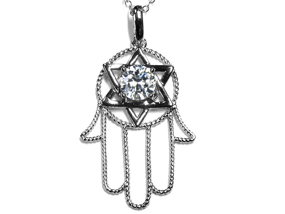 Star K™ Large Hamsa Hand Jewish Star of David Pendant Necklace with Genuine White Topaz