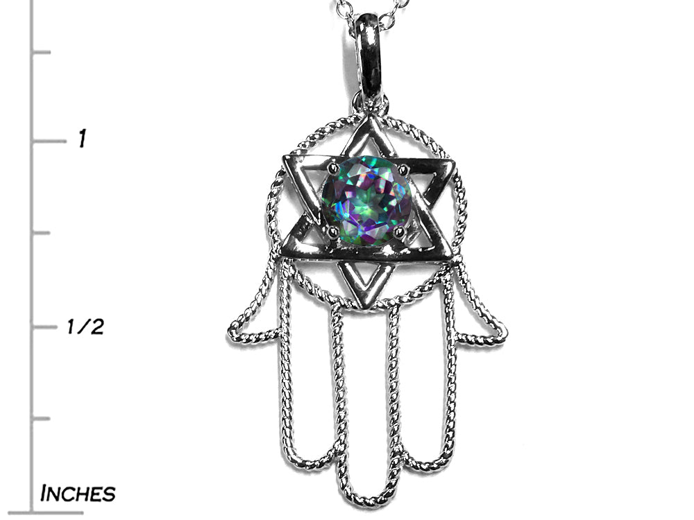 Star K™ Large Hamsa Hand Jewish Star of David Pendant Necklace with Rainbow Mystic Topaz