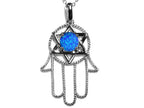 Star K™ Large Hamsa Hand Jewish Star of David Pendant Necklace with Blue Simulated Opal