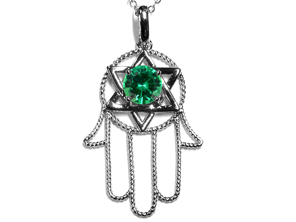 Star K™ Large Hamsa Hand Jewish Star of David Pendant Necklace with Simulated Emerald