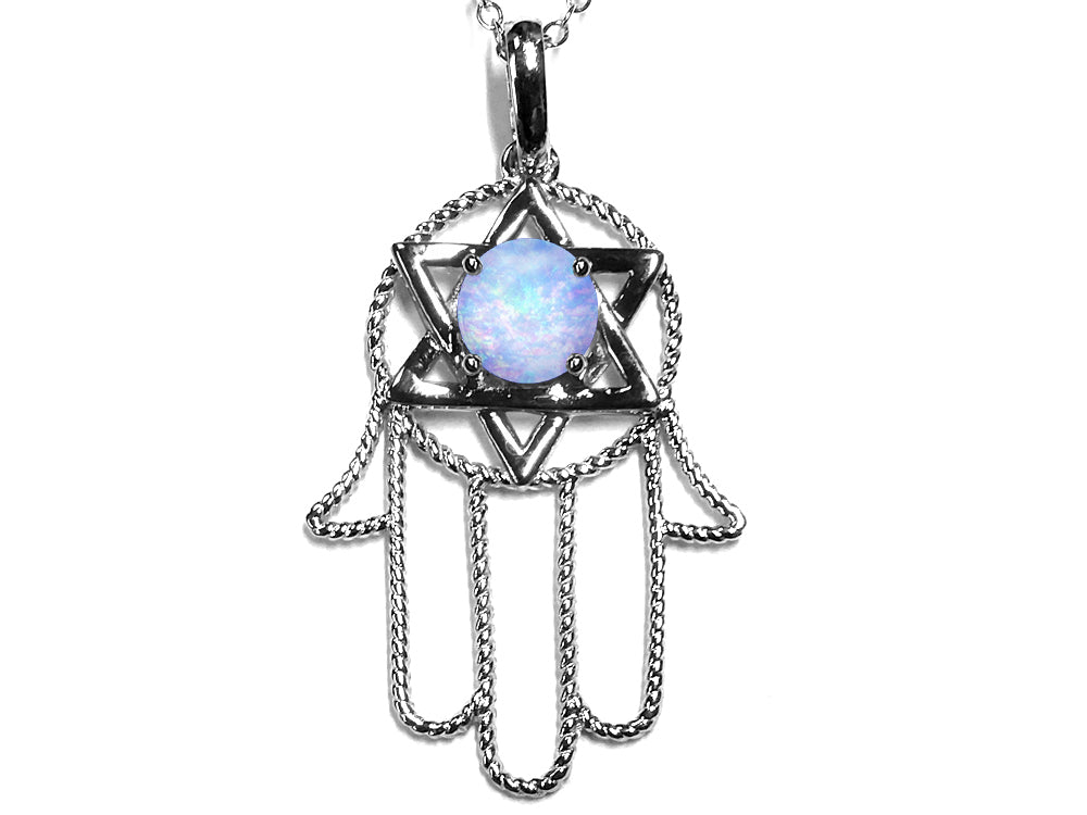 Star K™ Large Hamsa Hand Jewish Star of David Pendant Necklace with Simulated Opal