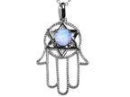 Star K™ Large Hamsa Hand Jewish Star of David Pendant Necklace with Simulated Opal