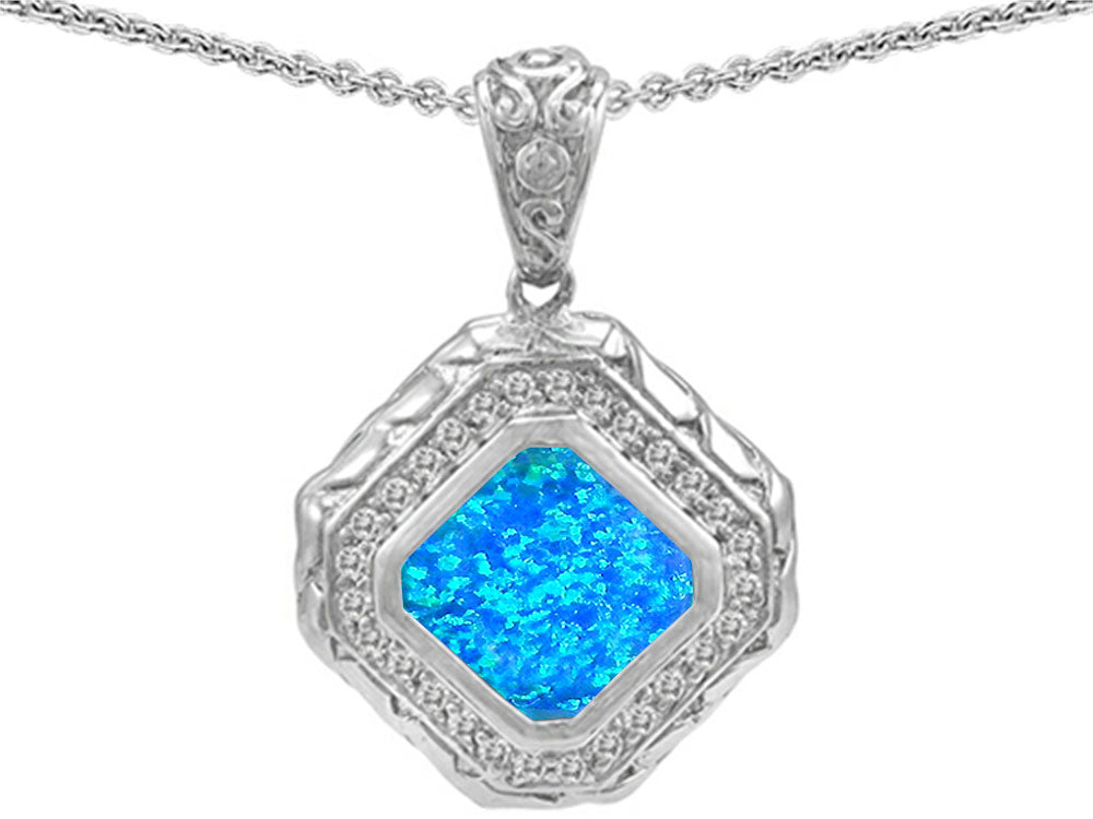 Star K™ 7mm Cushion-Cut Blue Simulated Opal Bali Style Pendant Necklace