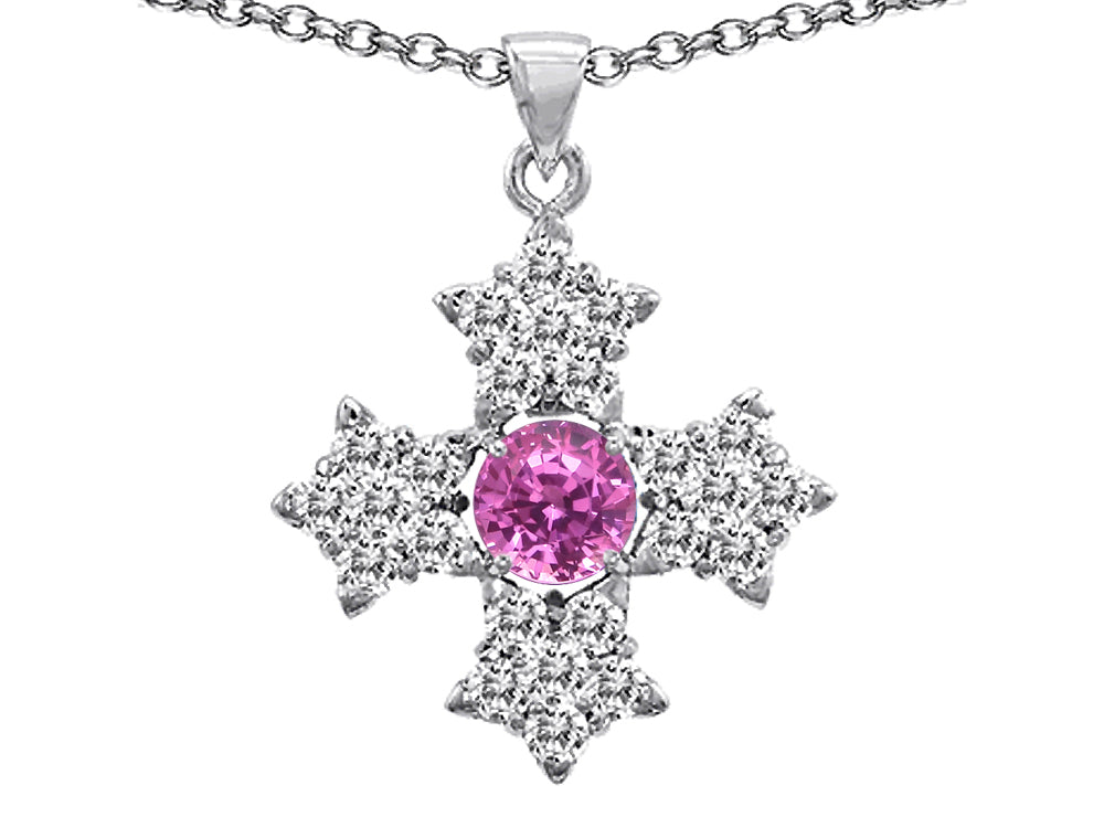 Star K™ Cross Protection Round Created Pink Sapphire Pendant Necklace