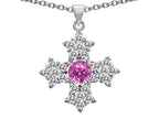 Star K™ Cross Protection Round Created Pink Sapphire Pendant Necklace