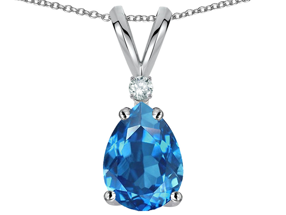 Star K™ Pear Shape 8x6 mm Genuine Blue Topaz Rabbit Ear Pendant Necklace