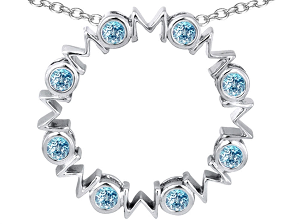 Star K™ Large MOM Circle Mother's Pendant Necklace with Round Simulated Aquamarine