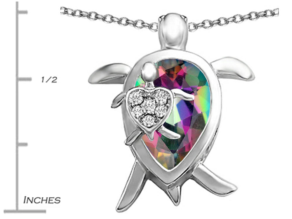 Star K™ Large Mother and Baby Turtle family Pendant Necklace with 12x8mm Pear Shape Mystic Quartz